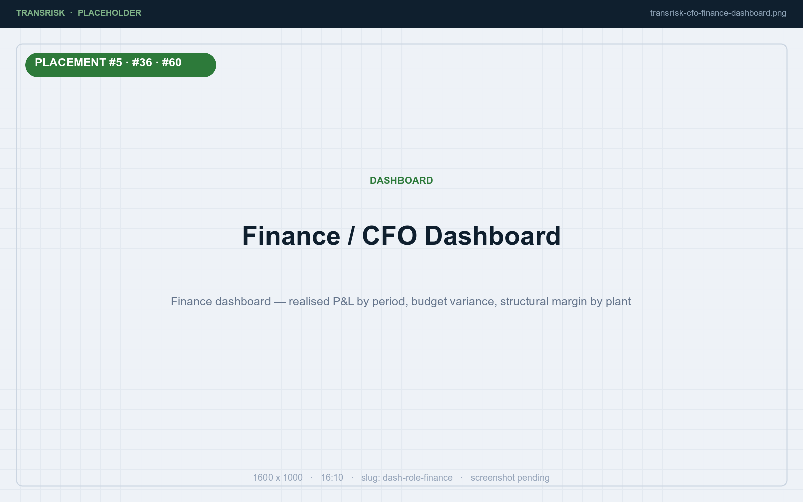 Finance dashboard — realised P&L by period, budget variance, structural margin by plant