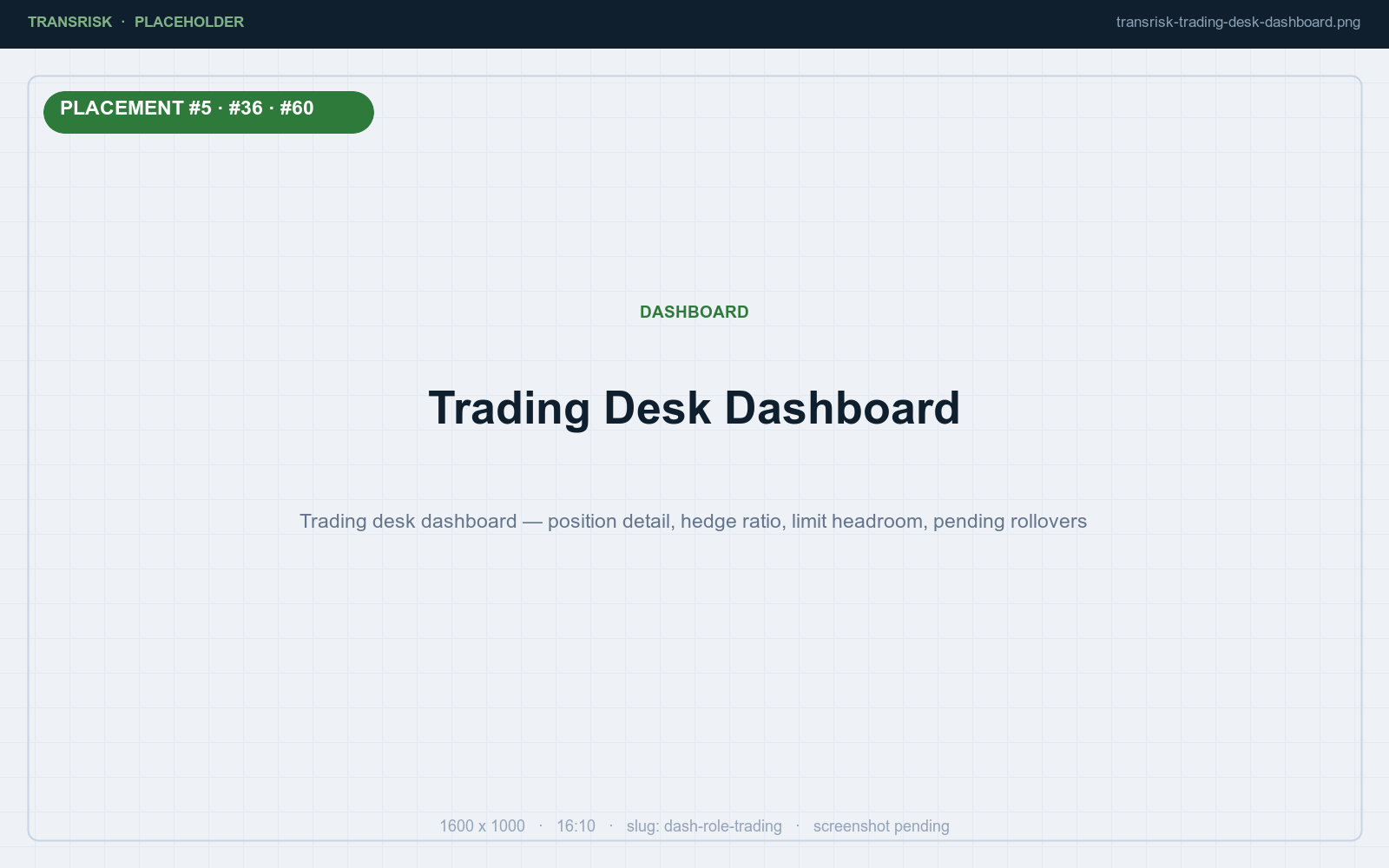 Trading desk dashboard — position detail, hedge ratio, limit headroom, pending rollovers